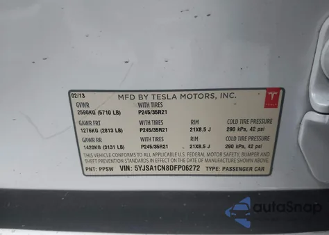 2013 Tesla Model S z USA, uszkodzony, nr VIN 5YJSA1CN8DFP06272